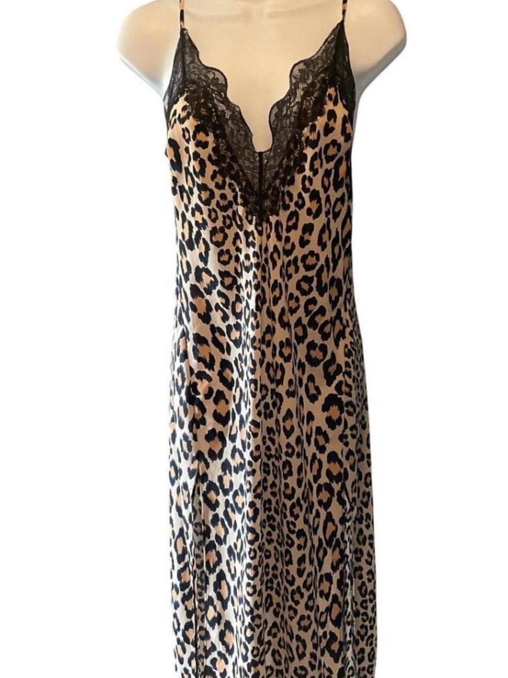 Victoria's Secret Leopard Print Satin Chemise with Black Lace Trim